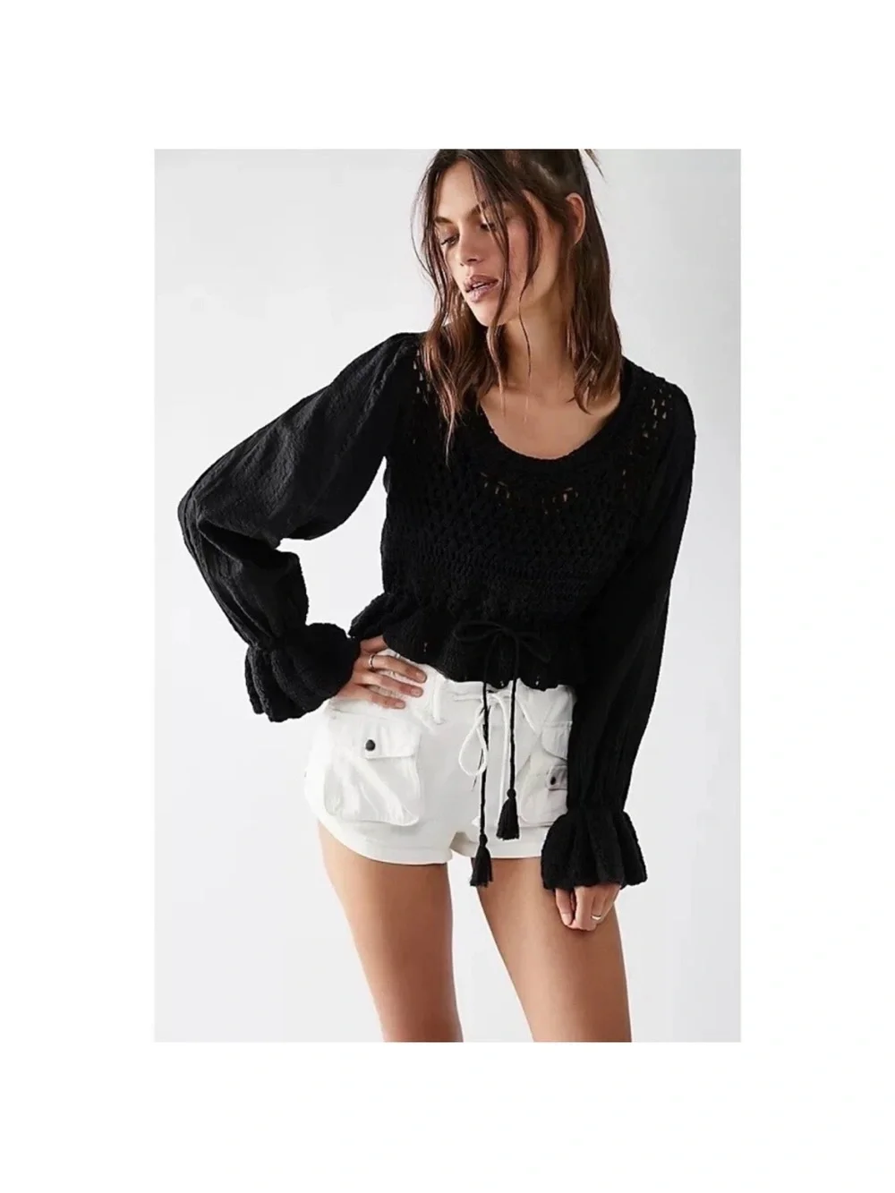 Free People Black Crochet Peplum Long Sleeve Open Back Blouse - Size XS